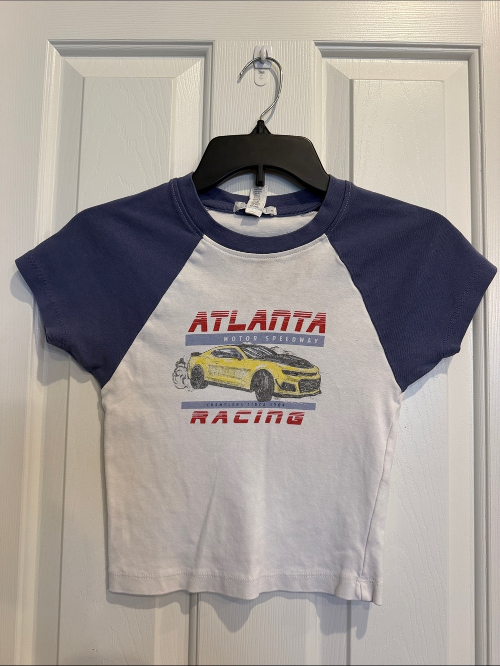 Full Tilt White and Navy Atlanta Racing Crop Top
